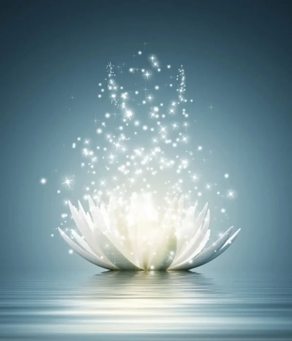 A glowing white lotus with sparkling lights above it on water.